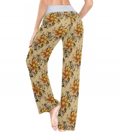 Bottoms Texture Golden Flowers Pattern Women Loose Palazzo Casual Drawstring Sleepwear Print Yoga Pants - CA19D8UNACH $27.83