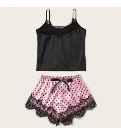 Nightgowns & Sleepshirts Women's Satin Pajamas Set Ladies Dot Print Lace Sleepwear Satin Cami and Bowknot Shorts Nightwear Se...