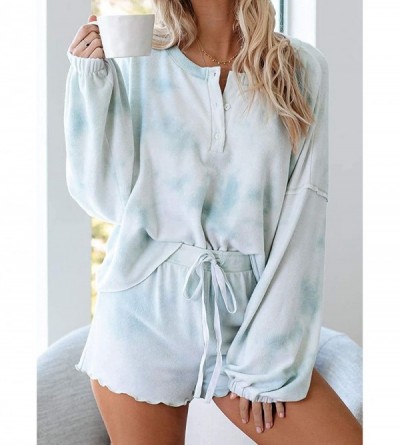 Sets Womens Short Pajamas Set Tie Dye Printed Ruffle Long/Short Sleeve Tops Nightwear Sleepwear Loungewear Pjs 1 Blue - CW199...