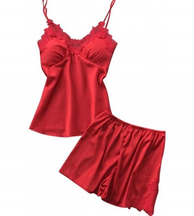 Sets Women Satin Pajamas Set Silk Lace Sleepwear Cami Nightwear Shorts Lingerie 2 Pcs Pajamas - Red - C418T9C6MN9 $25.55