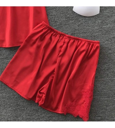 Sets Women Satin Pajamas Set Silk Lace Sleepwear Cami Nightwear Shorts Lingerie 2 Pcs Pajamas - Red - C418T9C6MN9 $9.99