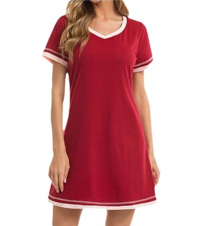 Nightgowns & Sleepshirts Women's Nightgown Cotton Sleepwear V Neck Sleep Short Sleeve Loose Comfy Pajamas Nightdres - Wine Re...