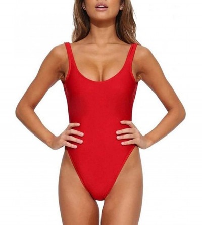 Tops Women's Siamese Swimsuit Retro Elastic High Cut Back Halter Swimsuit High Waist Swimsuit - Red - CT18SAAWTRK $15.57