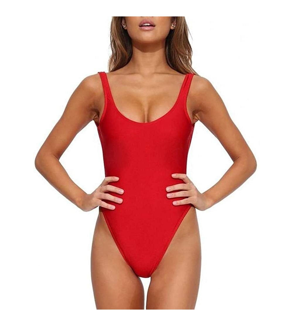 Tops Women's Siamese Swimsuit Retro Elastic High Cut Back Halter Swimsuit High Waist Swimsuit - Red - CT18SAAWTRK $15.57