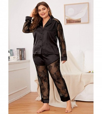 Sets Women's Sleepwear Plus Button Casual Nightwear Top Pajamas Set Loungewear Set - Black Lace - CD199OGZ55G $20.33