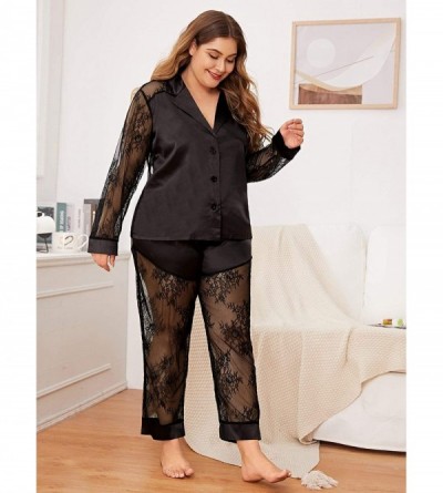 Sets Women's Sleepwear Plus Button Casual Nightwear Top Pajamas Set Loungewear Set - Black Lace - CD199OGZ55G $20.33