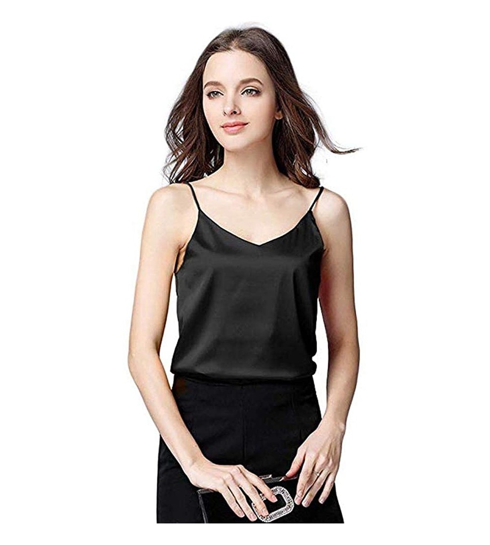Tops Tank Crop Tops Women Sexy Silk Ladies Tops Camisole Bottom Blouse Soft Satin Shirt - Black - CF18NCNK8HX $17.79