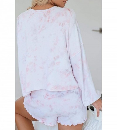 Sets Women's Tie-Dye Pajama-Sets Long-Sleeve Tee Tops and Ruffle Short PJ Set Loungewear Nightwear Sleepwear - A Pink - C6198...