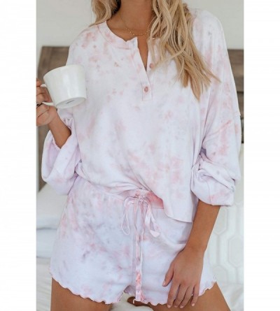Sets Women's Tie-Dye Pajama-Sets Long-Sleeve Tee Tops and Ruffle Short PJ Set Loungewear Nightwear Sleepwear - A Pink - C6198...