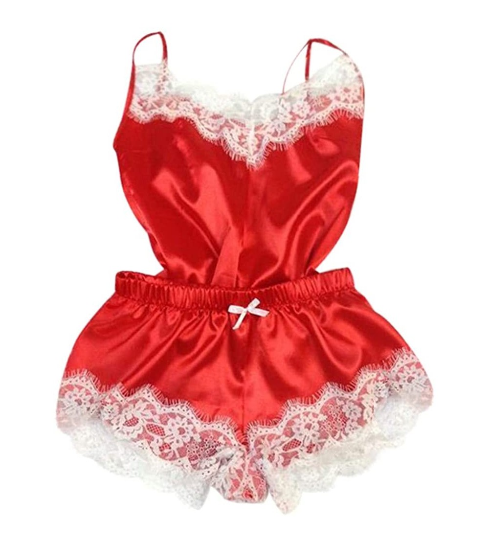 Sets New Womens Sexy Lingerie Camisole Bow Shorts V-Neck Tops Velvet Pajamas Sleepwear - C Red - CS195Y7ISDW $11.25