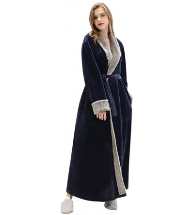 Robes Womens Splice Thicken Coral Fleece Robe Bathrobe Gown Pajamas Sleepwear Pocket - Navy - CC194IA3R2E $62.93