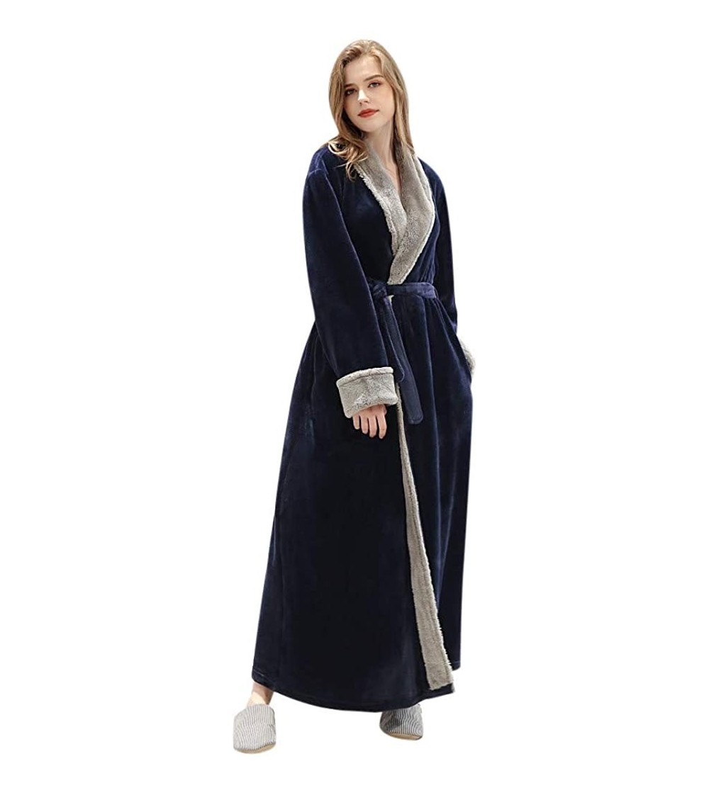 Robes Womens Splice Thicken Coral Fleece Robe Bathrobe Gown Pajamas Sleepwear Pocket - Navy - CC194IA3R2E $36.92