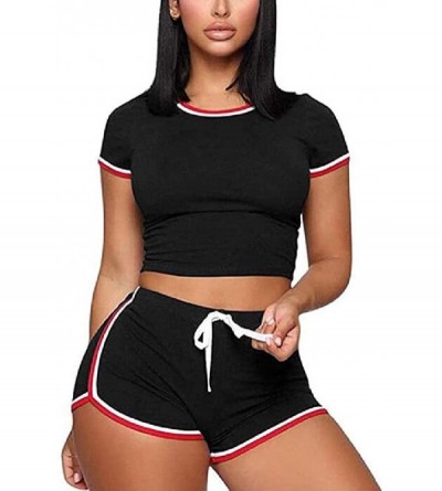 Sets Women Summer 2 Piece Outift Bodycon Short Sleeve Top and Drawsting Pant Short Sets Tracksuit - Black - CJ198D3QMY9 $43.97