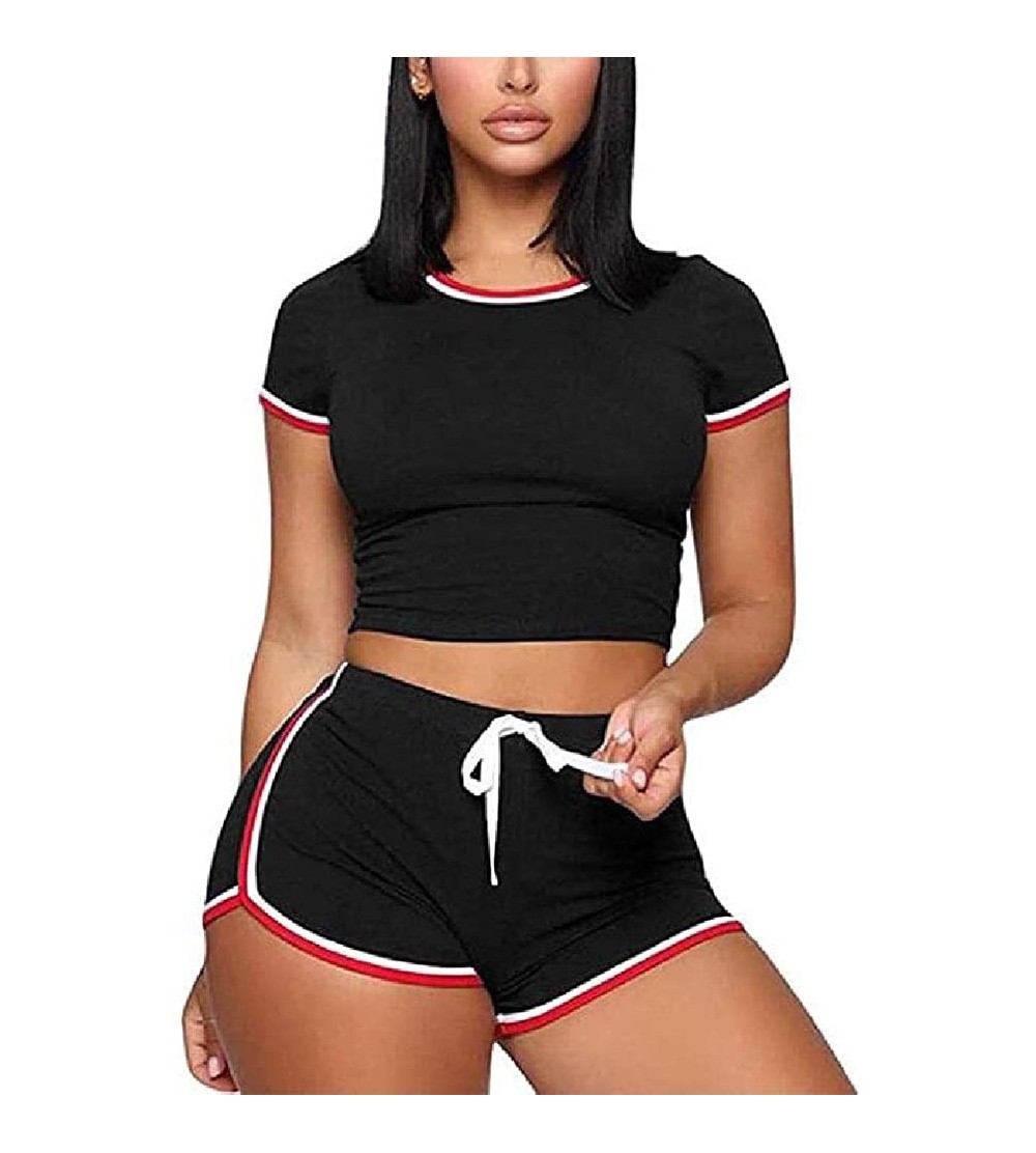 Sets Women Summer 2 Piece Outift Bodycon Short Sleeve Top and Drawsting Pant Short Sets Tracksuit - Black - CJ198D3QMY9 $17.47