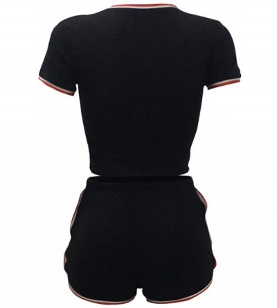Sets Women Summer 2 Piece Outift Bodycon Short Sleeve Top and Drawsting Pant Short Sets Tracksuit - Black - CJ198D3QMY9 $17.47