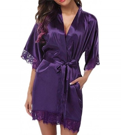 Robes Women's Sexy Silk Sleepwear Satin Lace Trim Nightwear Short Kimono Robes - 2 - CM198H75802 $13.59