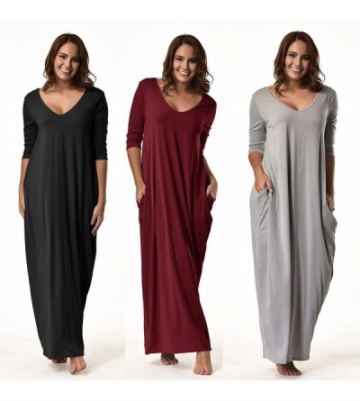 Nightgowns & Sleepshirts V Neck 3/4 Sleeve Maxi Dress for Women Solid Color Plus Size Ouges Dresses for Women - Black - CO18R...