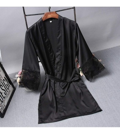 Robes Women's Robes Pure Color Kimono Satin Robes Sexy Bathrobe Bride Party Loungewear Sleepwear with Belt - Black - CS194CTM...