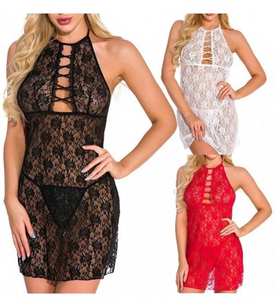 Sets Plus Size Lingerie for Women- Sexy Black Allover Lace Plunge Crisscross High Neck Babydoll - White - CN18UZOWS3I $16.28