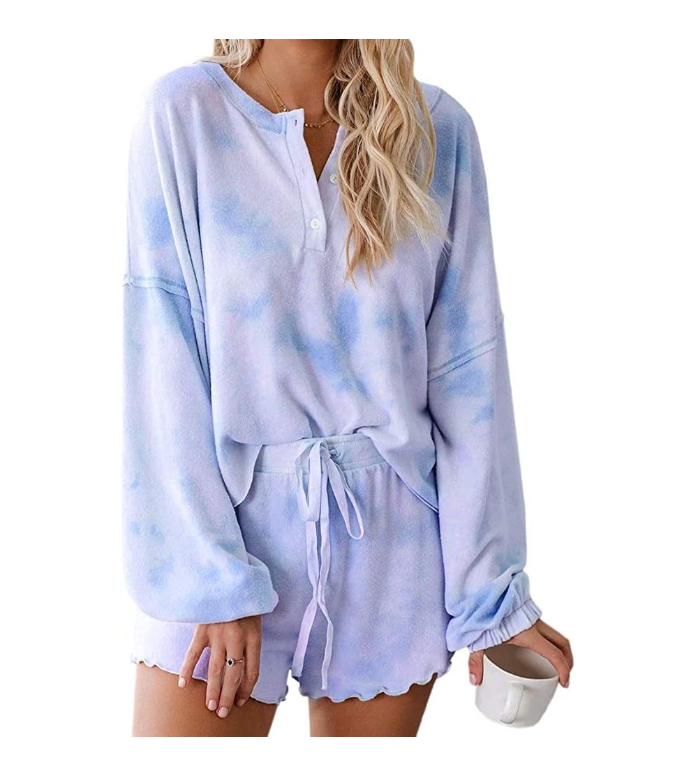 Sets Women Tie Dye Pajama Set Shorts 2 Piece Ruffle Long Sleeve Nightwear Sleepwear Loungewear PJ Set - Purple - C31986M0GW2 ...