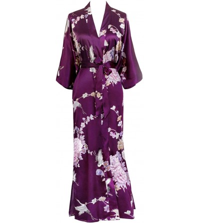 Robes Women's Satin Kimono Robe Long - Floral - Chrysanthemum & Crane - Plum - C918XHKO0H0 $29.70