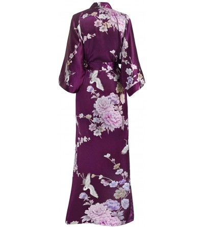 Robes Women's Satin Kimono Robe Long - Floral - Chrysanthemum & Crane - Plum - C918XHKO0H0 $29.70