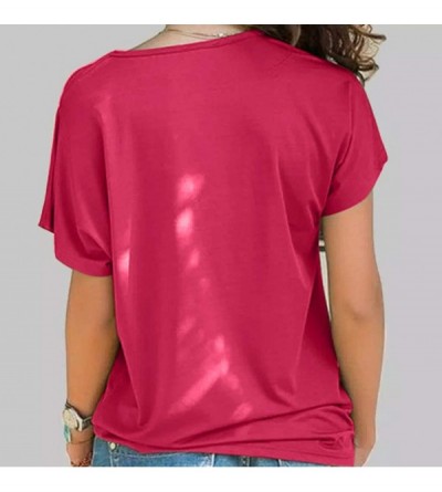 Thermal Underwear Cross Shoulder T-Shirt- Ladies Casual Irregular Short Sleeve Blouse top - V-hot Pink - CV1944RY9U0 $11.21