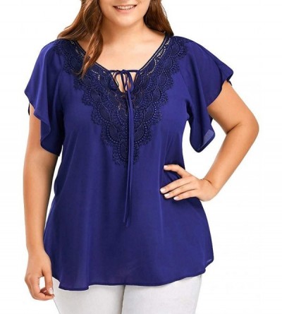 Thermal Underwear Women's Fashion Lace V-neck Solid Color Shirt With Patchwork Casual Short-sleeved T-shirt Top - Blue - CK18...