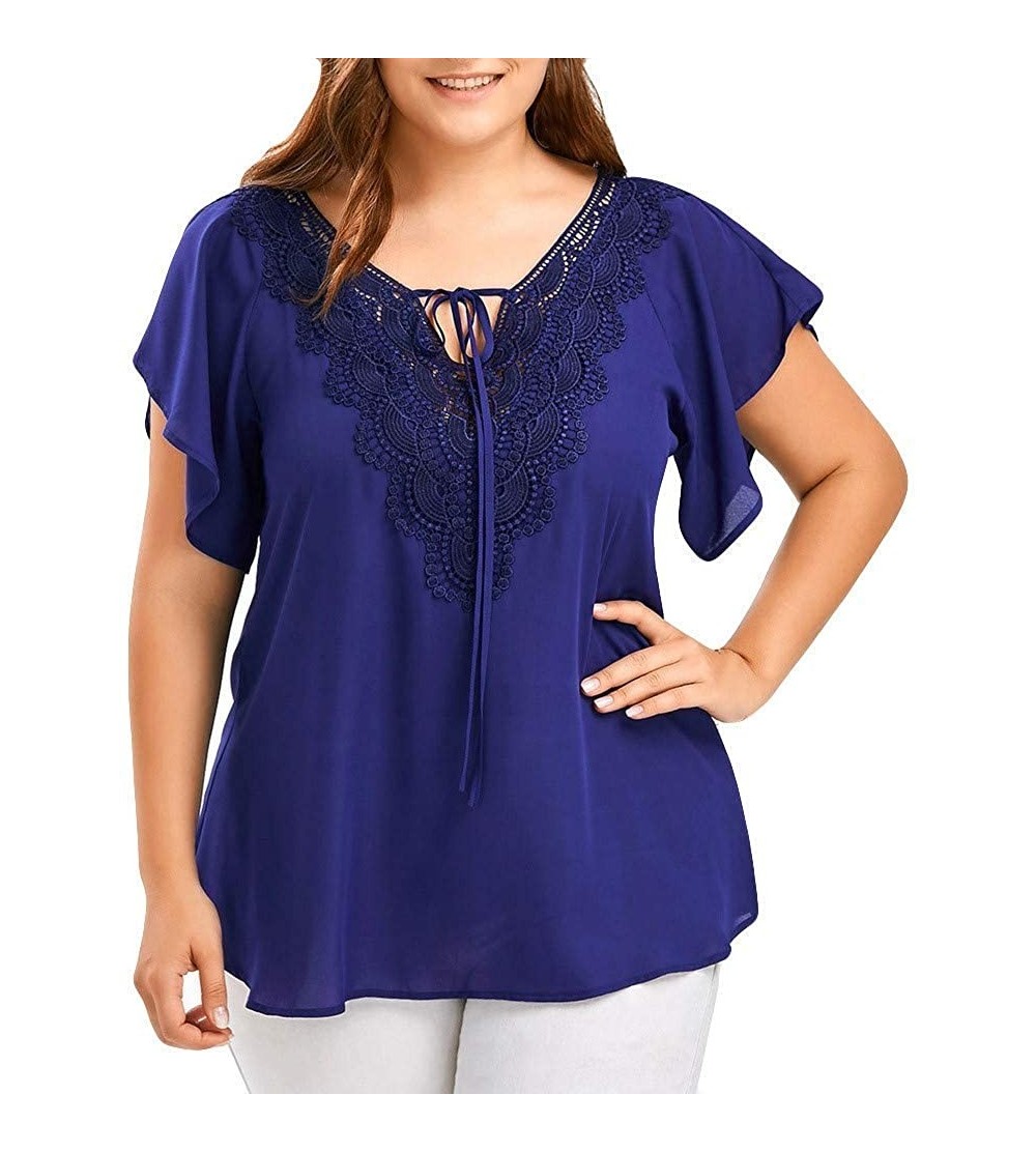 Thermal Underwear Women's Fashion Lace V-neck Solid Color Shirt With Patchwork Casual Short-sleeved T-shirt Top - Blue - CK18...