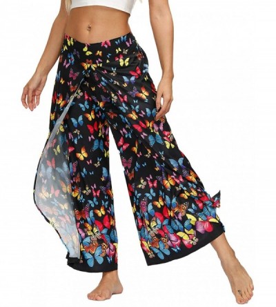 Bottoms Womens Slit Wide Leg Pants Summer Beach Boho Yoga Palazzo Lounge Pants - Yellow & Blue Butterfly - CO199L7TUUW $26.99