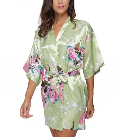Robes Women's Short Satin Kimono Robe Floral Peacock Patterned Bathrobe Silky Bridal Nightwear - Light Green - CW12ICBOW9P $1...
