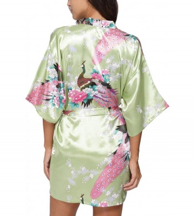 Robes Women's Short Satin Kimono Robe Floral Peacock Patterned Bathrobe Silky Bridal Nightwear - Light Green - CW12ICBOW9P $1...