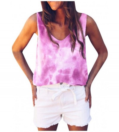 Thermal Underwear Fashion Women Casual V-Neck Tie-dye Print Sleeveless Vest T-Shirt Blouse Tops - Pink - CO19C653TQN $26.76
