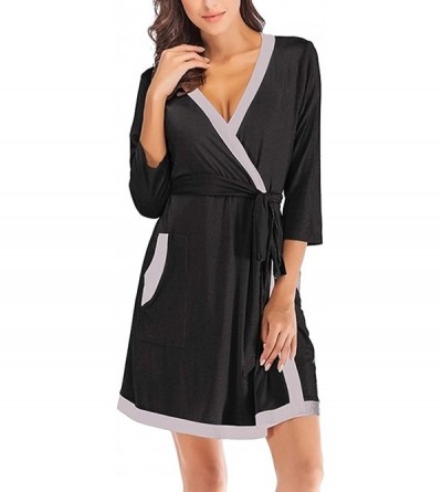 Robes Women's Kimono-Robes Short V-Neck Bathrobe Sexy Soft Ladies Sleepwear Lightweight Loungwear - Black - C9198Q07QTT $20.52