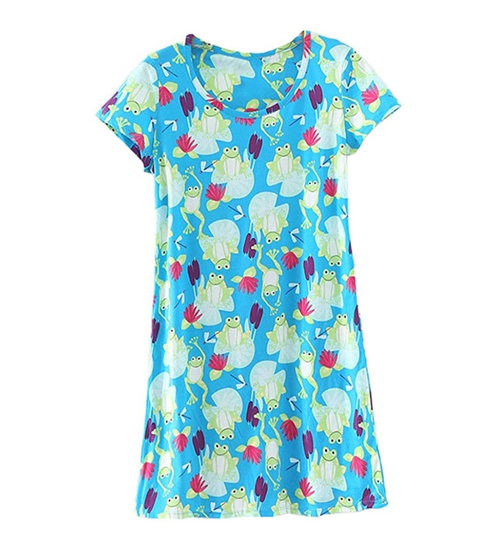 Nightgowns & Sleepshirts Women Cotton Nightgown Casual Print Sleep Dress Shirt Tee Short Sleeve Sleepwear - Blue Frog - CF19D...