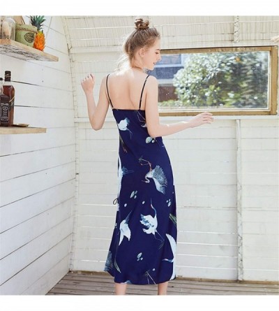 Robes Sling Satin Long Nightdress Womens Chemise Nightgown Floral Nightgown Sleepwear Lingerie for Ladies - Navy - C018U9EURC...