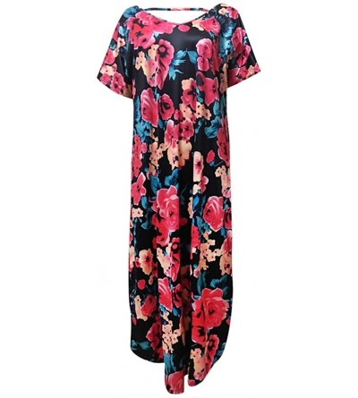 Tops Printed Long Skirt Ladies Beach Skirt V-Neck Dress Short-Sleeved Elegant Long Skirt Fashion Casual Dress - Pink - C918UZ...