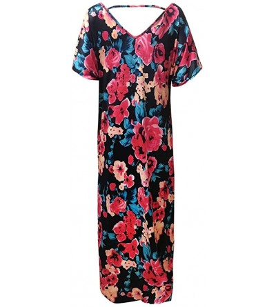 Tops Printed Long Skirt Ladies Beach Skirt V-Neck Dress Short-Sleeved Elegant Long Skirt Fashion Casual Dress - Pink - C918UZ...
