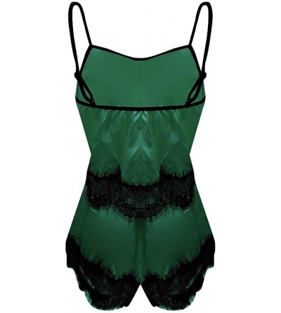 Sets Summer Womens Lace Trim Underwear Lingerie Sleeveless Straps Bralette Pajama Set Satin Silk Nightwear Shorts Green - CV1...