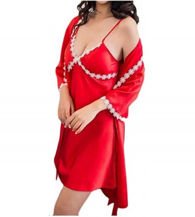Nightgowns & Sleepshirts Women Sexy Silk Satin Robe Camisole Pajama Dress Two Piece Suit Lady's Lace Nightgown Robe Set Babyd...