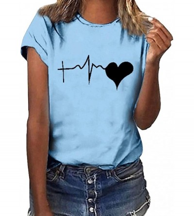 Thermal Underwear Love T-Shirt for Women Summer Print Short SleeveTunic Blouse Top - Short Sleeve-sky Blue - C318U8X04Z4 $17.56