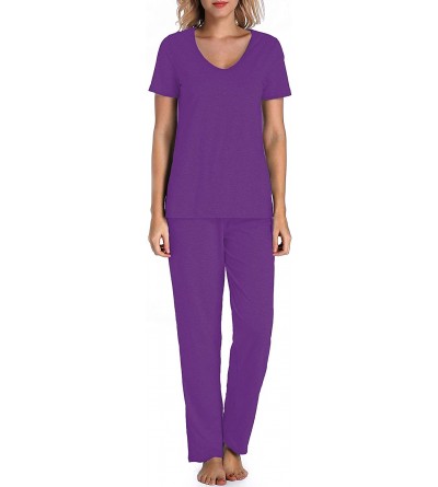 Sets Women's V-Neck Sleepwear Cotton Short Sleeve Pajama Set - Purple - CR190E58D6A $32.97