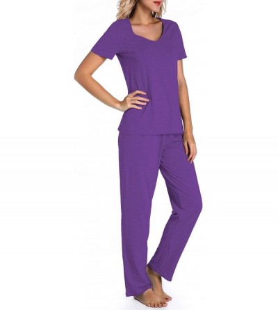 Sets Women's V-Neck Sleepwear Cotton Short Sleeve Pajama Set - Purple - CR190E58D6A $32.97