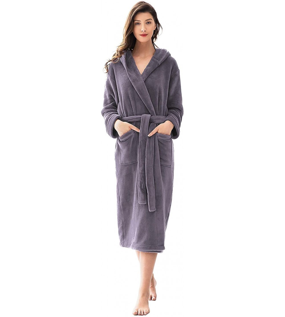 Robes Women's Hooded Bathrobe Long Plush Fleece Robe Shu Velveteen Flannel Loungewear Soft Warm Nightgown S~XL - Purple Gray-...