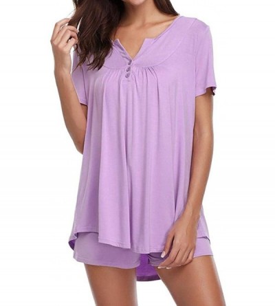 Nightgowns & Sleepshirts Tops Women's Button Short Sleeve Sleepwear Set Pajama Sets Bamboo Tank and Shorts Set - Purple - CU1...