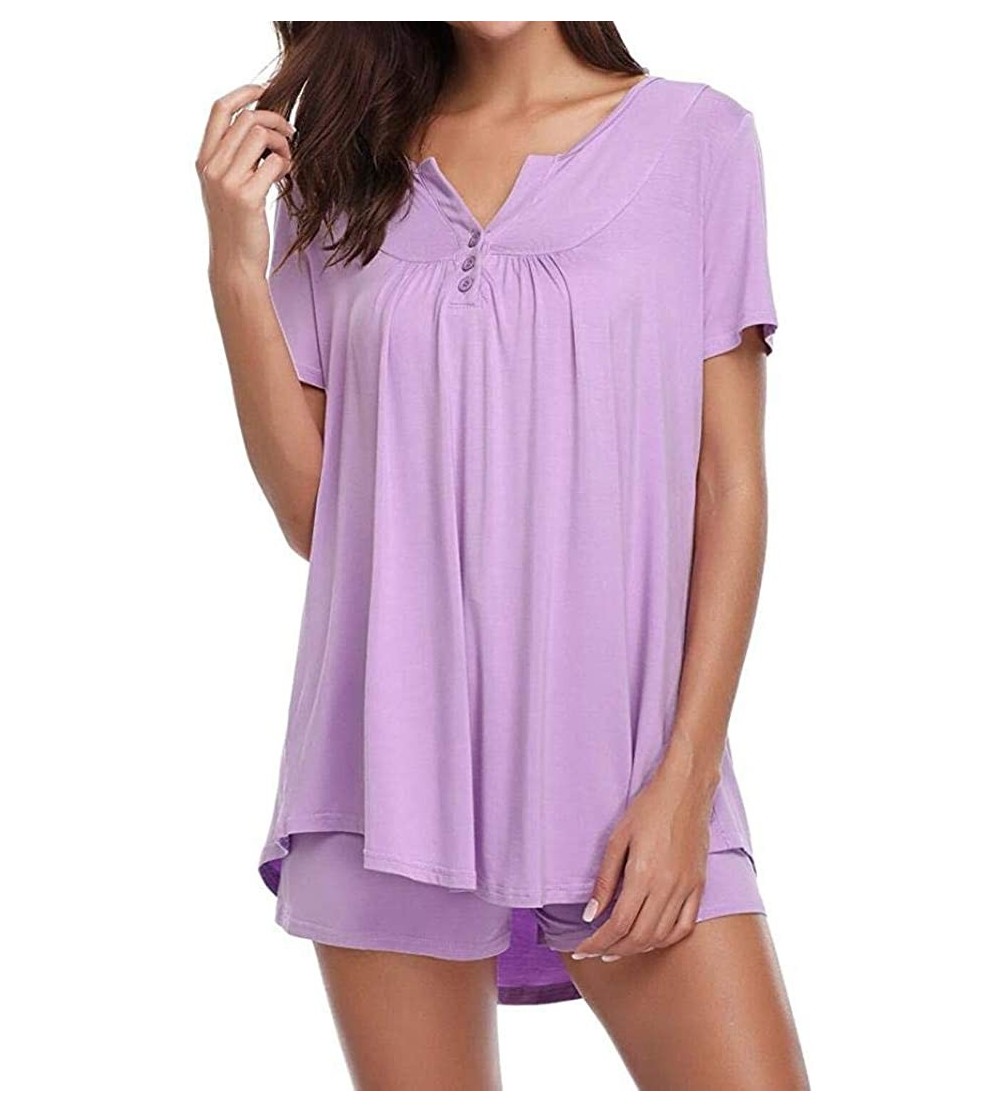 Nightgowns & Sleepshirts Tops Women's Button Short Sleeve Sleepwear Set Pajama Sets Bamboo Tank and Shorts Set - Purple - CU1...