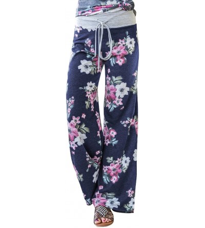 Bottoms Women's Comfy Casual Pajama Pants Floral Print Drawstring Palazzo Lounge Pants Wide Leg - Blue 6 - CX18G2UH2NM $19.28