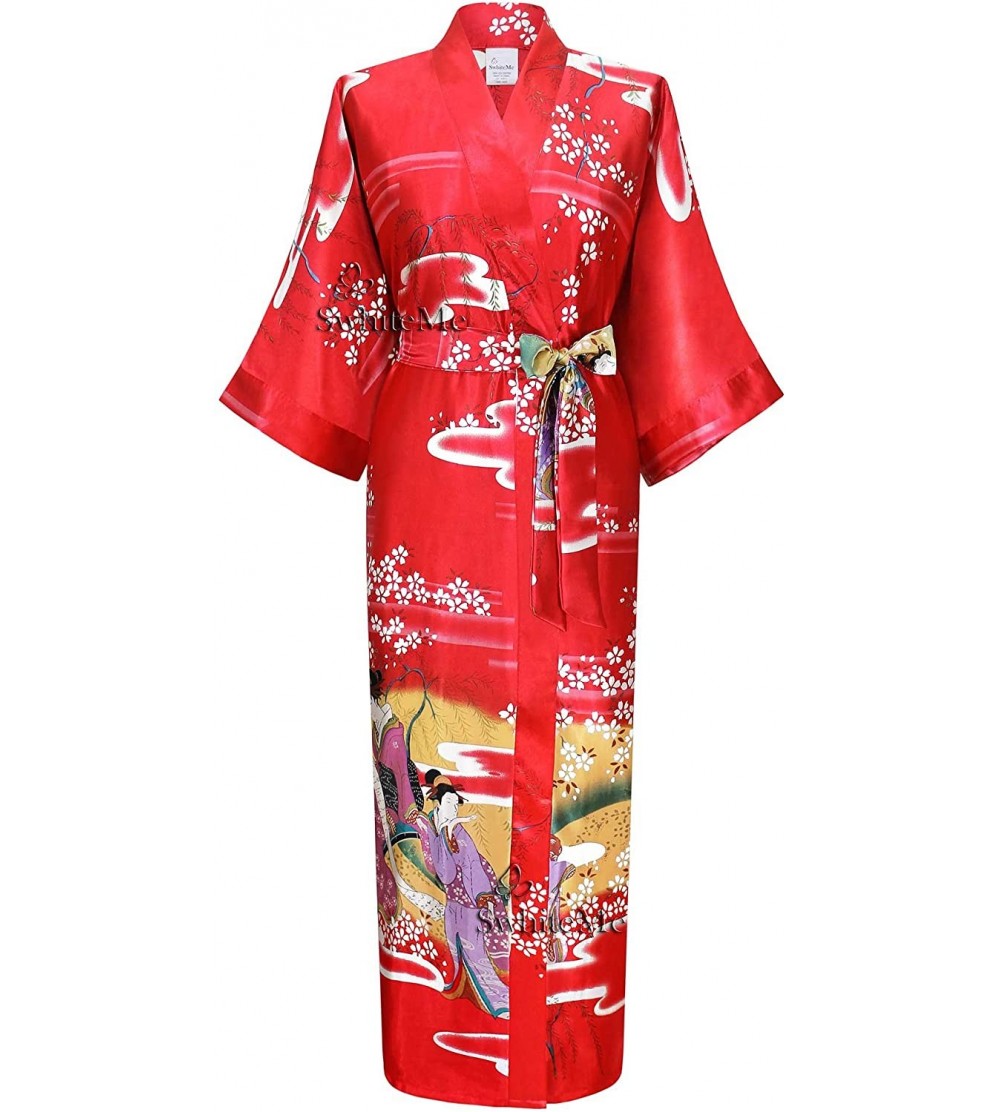 Robes Women's Kimono Robe- Long - [Side Seam Pockets] Geisha - Red - C111XU5UO8H $30.44