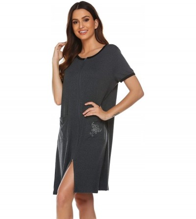 Robes Women Zipper Front House Coat Short Sleeves Robe Zip up Bathrobes Lace Nightgown with Pockets - A_dark Gray - CJ18SGQDC...