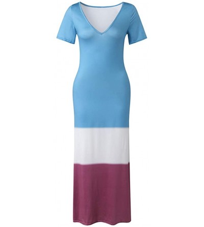 Thermal Underwear Womens Gradient Color Block Maxi Dress- Patchwork Fall Loose Dress - 0525- Blue - CN18Y35U5R9 $20.60